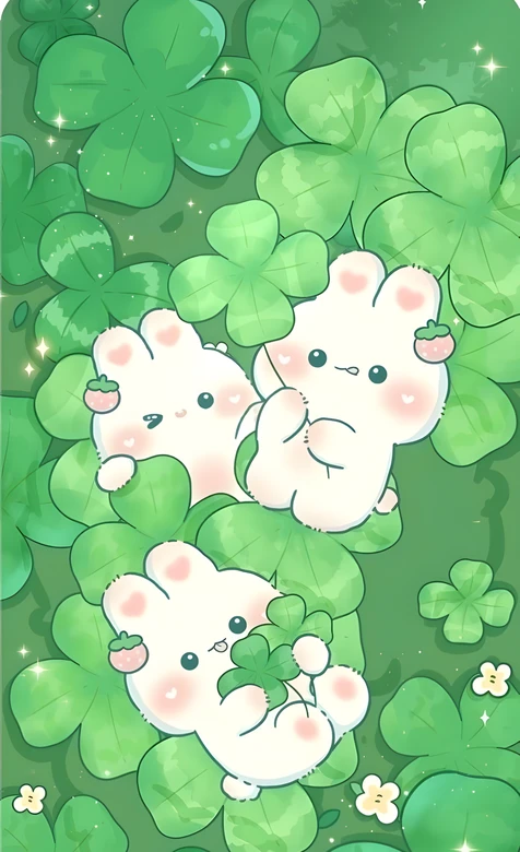 草莓萌兔·四叶草丛治愈国漫风手机壁纸推荐