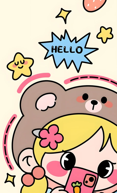 戴小熊帽女孩·软萌可爱风 草莓星星元素手机壁纸（可爱壁纸推荐）