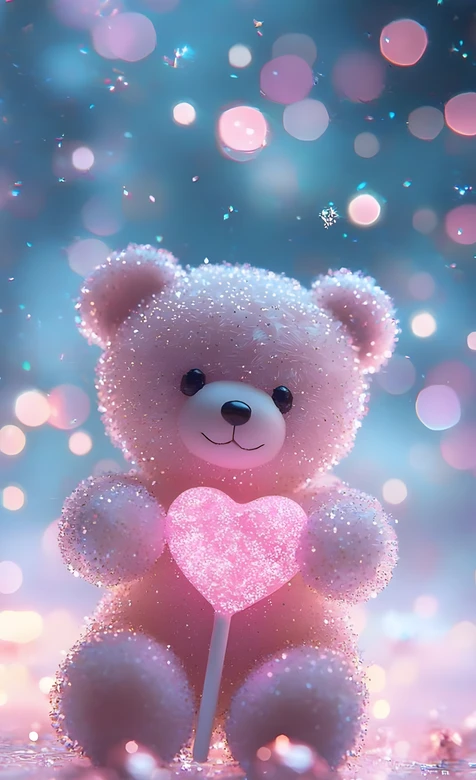 粉色闪钻小熊抱爱心棒棒糖 唯美梦幻光斑手机壁纸