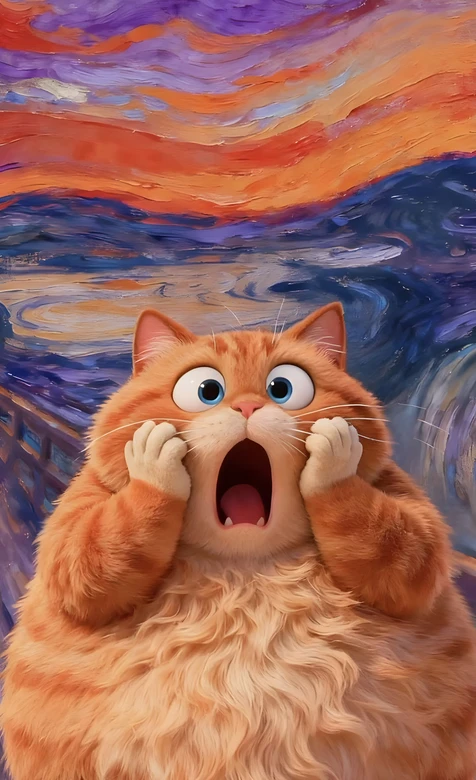 橘猫·惊恐捧脸仿《呐喊》油画风 萌宠壁纸热款
