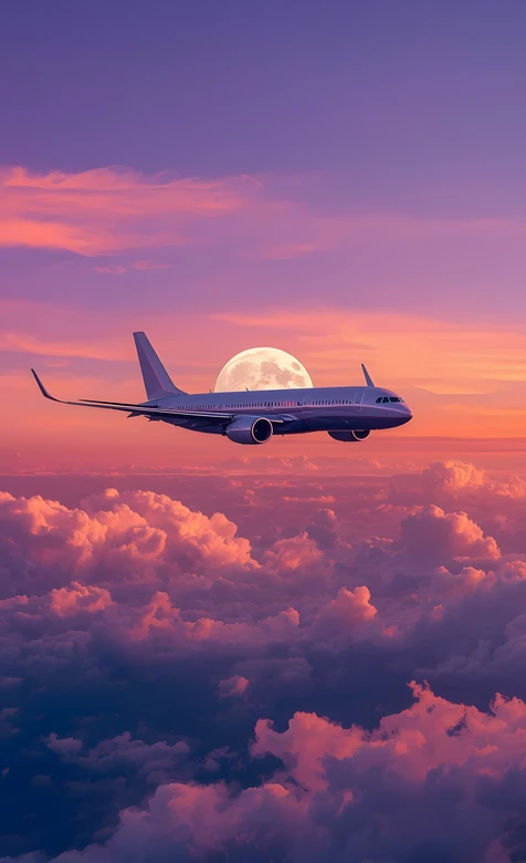 飞机云海·满月升空 唯美日落航空风景壁纸