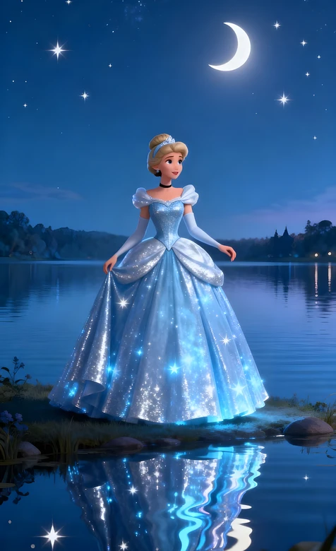 灰姑娘·闪耀蓝裙 迪士尼动画唯美夜湖 梦幻公主风手机壁纸