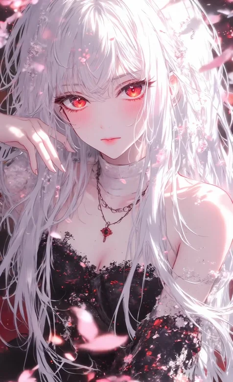 银发红瞳少女·花瓣萦绕 二次元暗黑唯美动态手机壁纸