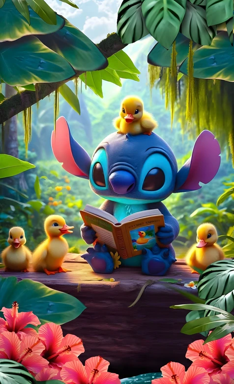 史迪仔·与小黄鸭阅读 迪士尼星际宝贝童话风 治愈系萌宠互动壁纸