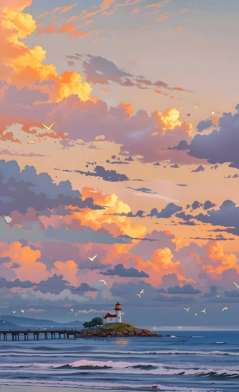 海边灯塔云海日落·唯美插画风手机壁纸