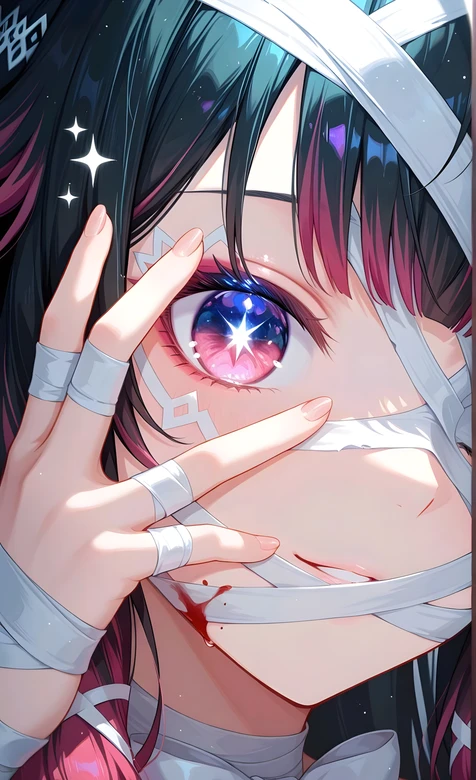 二次元星空眼少女·绷带渐变发色 唯美插画手机壁纸