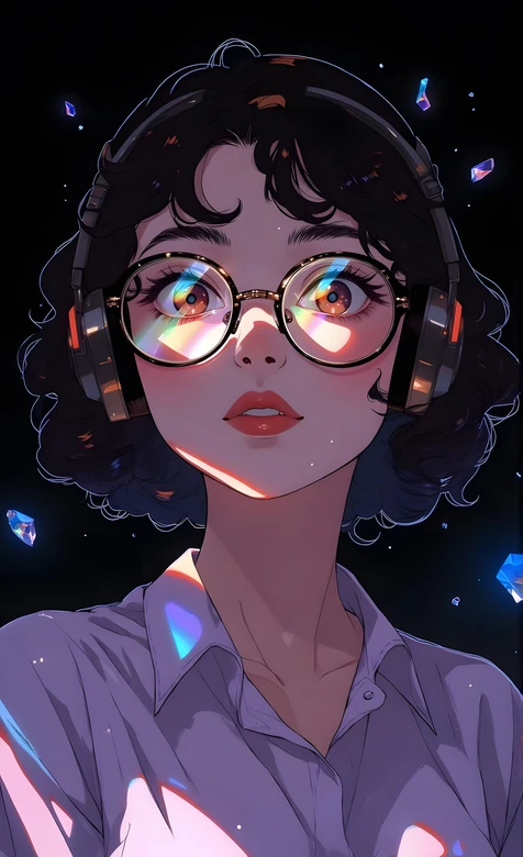 卷发少女·耳机眼镜炫光瞳 赛博插画风超炫光效手机壁纸