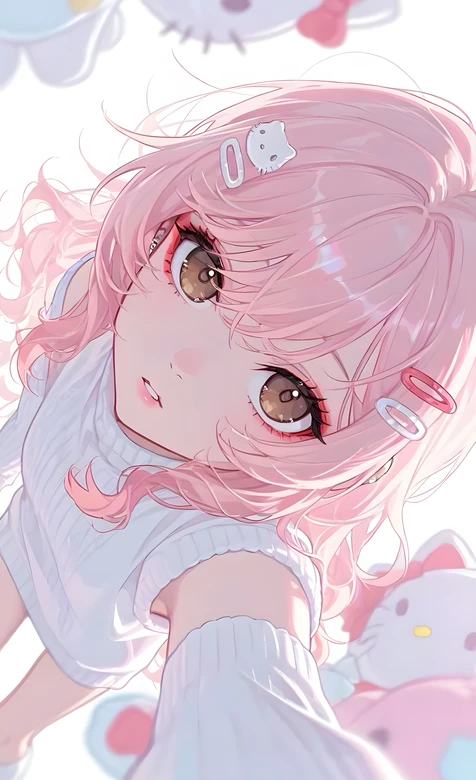 粉色卷发少女·Hello Kitty发饰 二次元唯美少女心手机壁纸