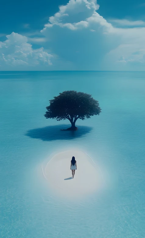 蓝海孤树白衣女子·唯美治愈 静谧海岛手机壁纸