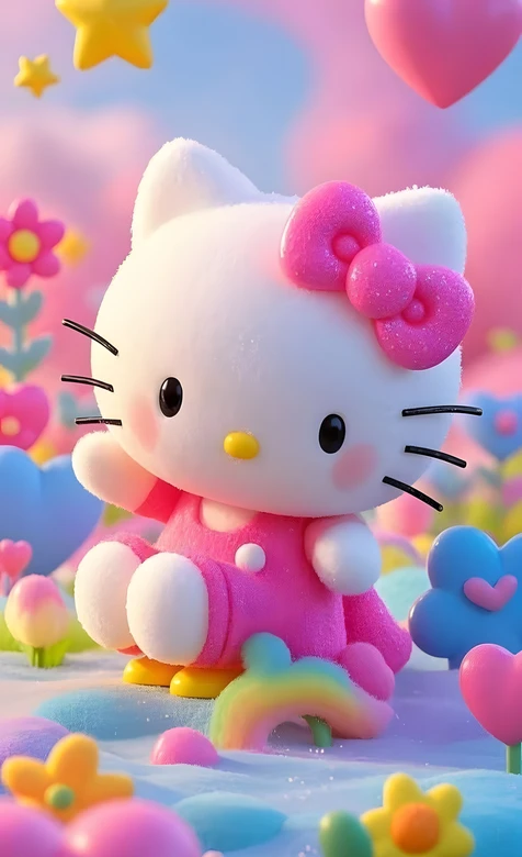 Hello Kitty·粉色蝴蝶结 梦幻治愈风童话花海手机壁纸
