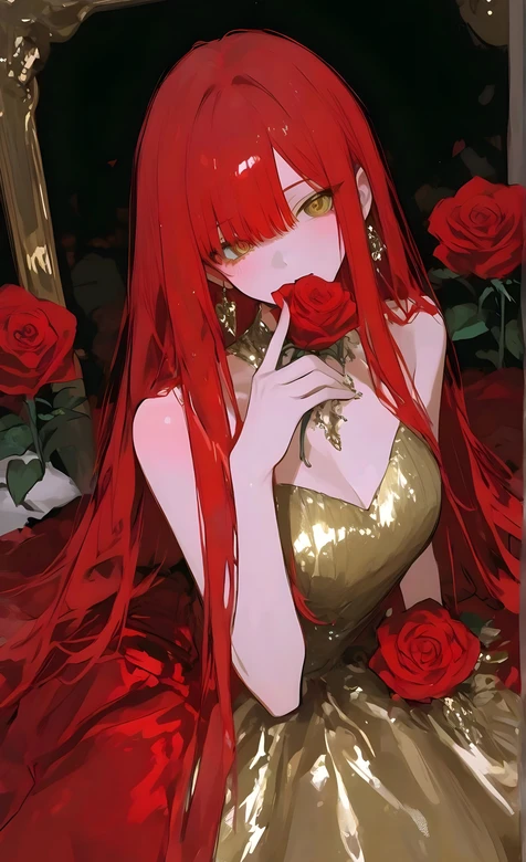 红发金裙少女·持红玫瑰 二次元唯美风 玫瑰主题壁纸