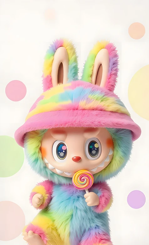 彩虹毛绒兔耳装·持棒棒糖 治愈系萌趣手机壁纸