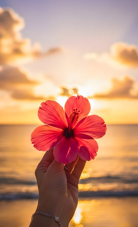 手捧朱瑾花·海边日落唯美治愈 热门浪漫花卉壁纸