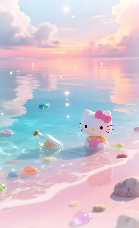 Hello Kitty·漂流瓶 粉蓝梦幻治愈手机壁纸