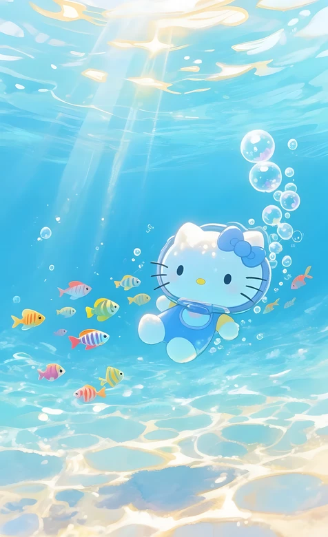Hello Kitty·潜水装水下漫游 唯美清新三丽鸥动漫风 治愈系海洋壁纸
