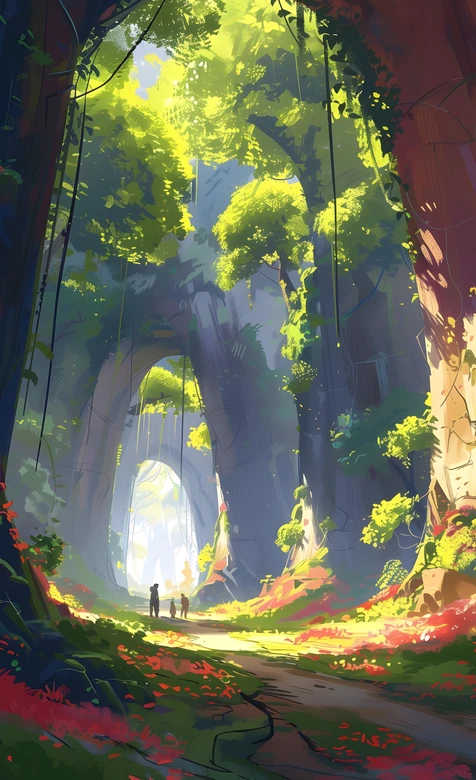 奇幻森林小径人物同行·唯美插画风手机壁纸（高热度壁纸）