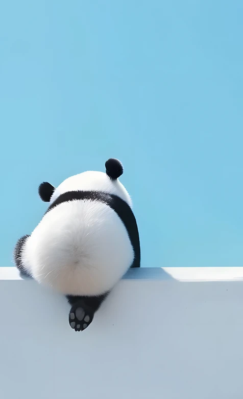 治愈系3D拟真熊猫·软萌白墙蓝天手机壁纸