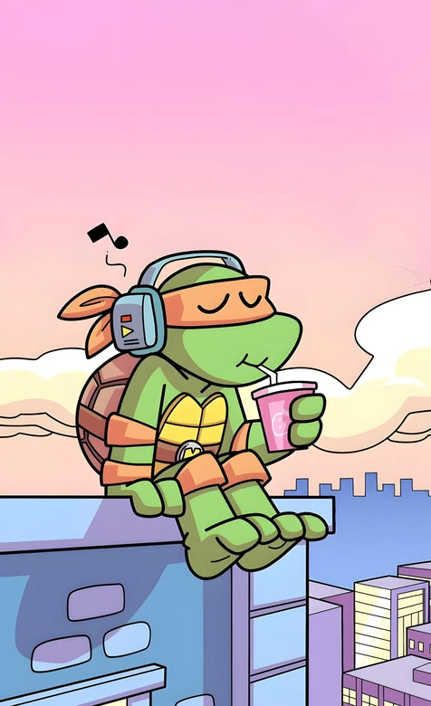 米开朗琪罗·耳机畅饮 卡通治愈忍者神龟手机壁纸