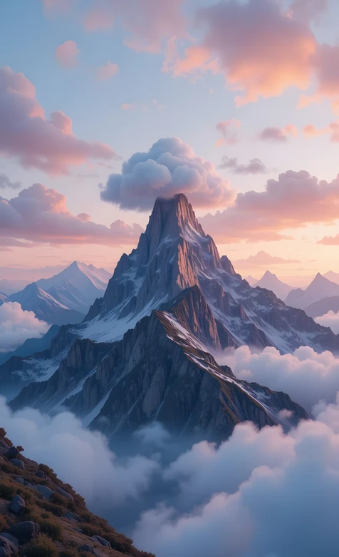 孤峰云海·唯美写实雪山峰 朝霞治愈手机壁纸