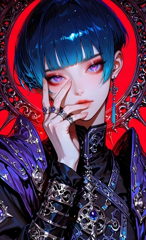 蓝发紫瞳哥特风人物·暗黑华丽插画 高人气手机壁纸