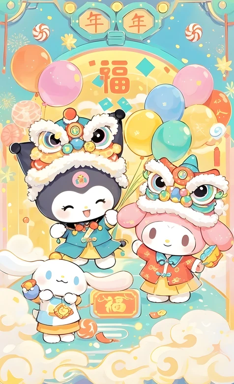 三丽鸥角色（库洛米/美乐蒂/玉桂狗）国风舞狮 新年壁纸