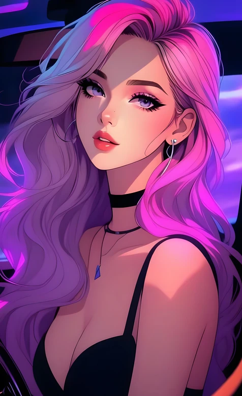 赛博朋克二次元粉紫长发少女·车内迷幻感手机壁纸