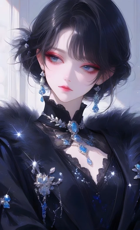 黑羽华服少女·蓝钻饰 古风轻奢竖屏壁纸