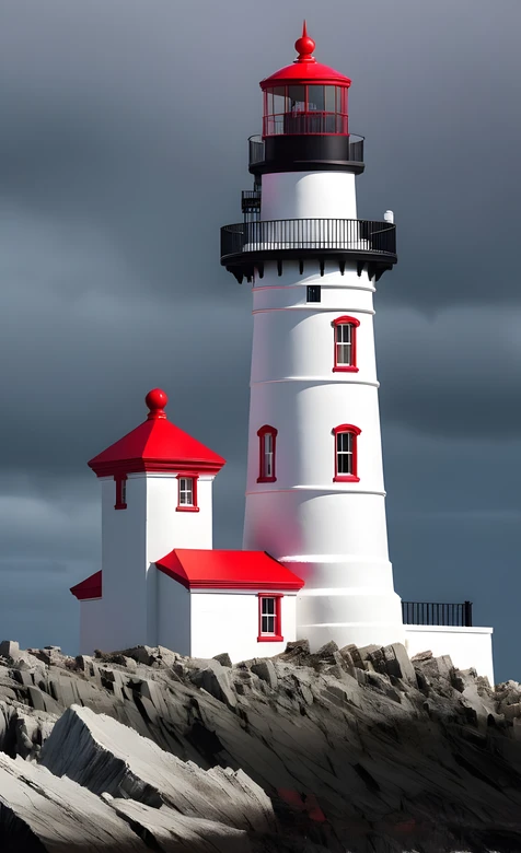 红白灯塔·写实冷峻风·岩石海岸守护感 高质感建筑壁纸