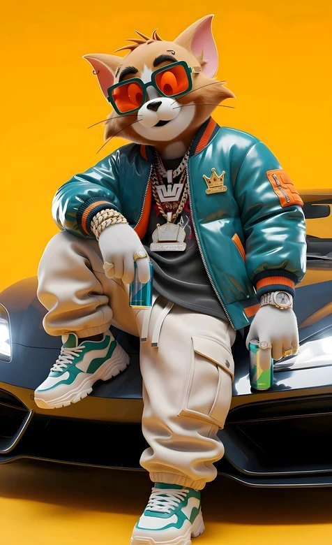 嘻哈潮酷拟人猫咪·潮服墨镜金饰坐跑车 个性手机壁纸