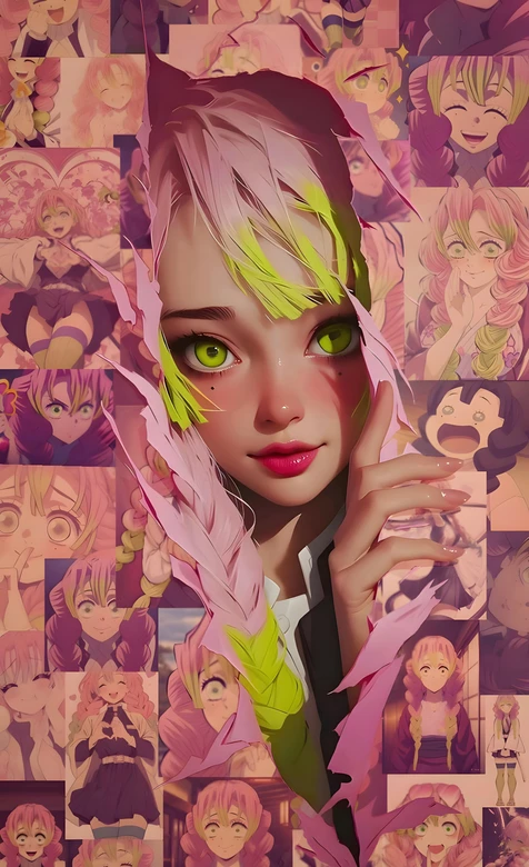甘露寺蜜璃·粉绿发辫 动漫拼接写实风 鬼灭之刃壁纸