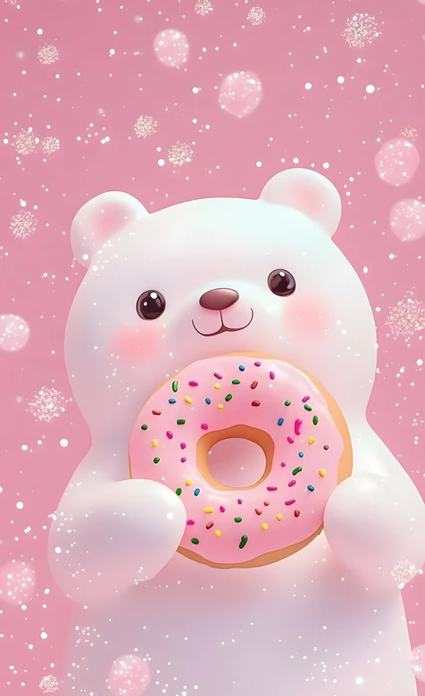 小白熊抱粉甜甜圈·可爱治愈风 萌系宠物热款壁纸