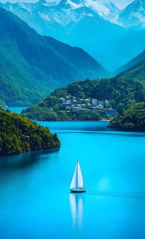 湖光山色帆船小镇·唯美清新自然风景手机壁纸（超高清自然风景壁纸）