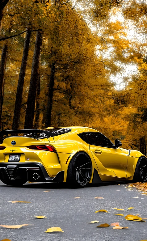 黄色丰田Supra超跑 秋日金黄树林唯美风超跑壁纸