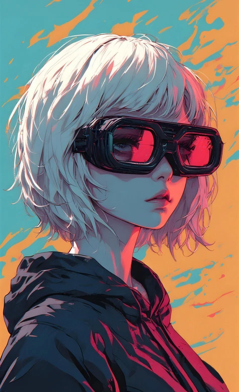 赛博朋克风二次元短发眼镜少女 原创插画手机壁纸