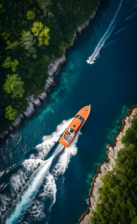 橙色游艇破浪峡谷蓝水 清新写实风 手机壁纸