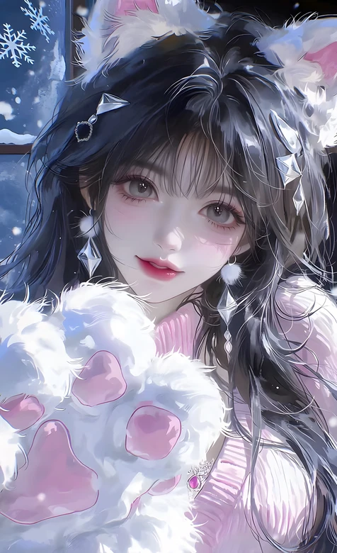 猫耳少女·毛绒猫爪二次元唯美冬日雪景手机壁纸