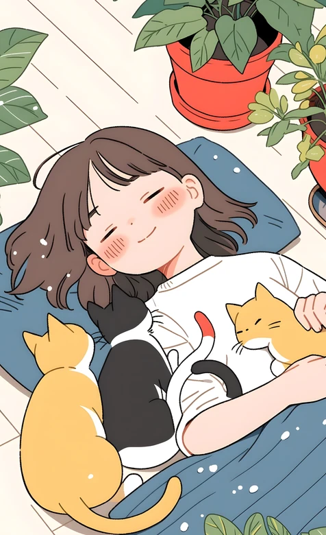 国漫治愈风·抱猫女孩与三喵·治愈系萌宠手机壁纸