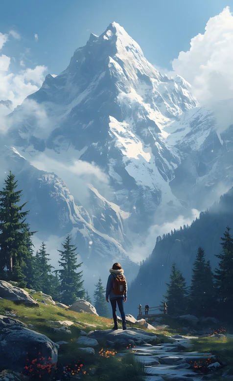 雪山草甸徒步者·唯美写实风 自然治愈系手机壁纸