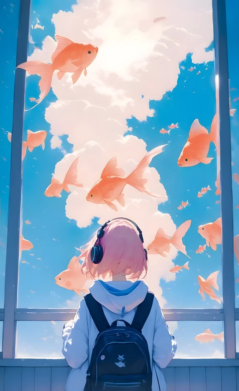 粉发少女·耳机观浮空金鱼 二次元唯美治愈手机壁纸