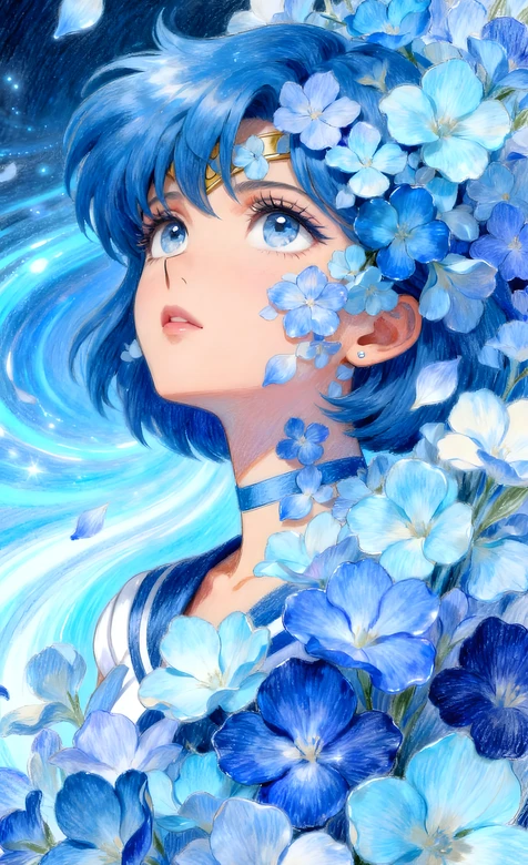 水野亚美·水手水星 唯美梦幻蓝调花海 美少女战士动漫壁纸