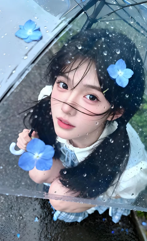 双马尾少女·雨天蓝花伞 清新唯美手机壁纸精选