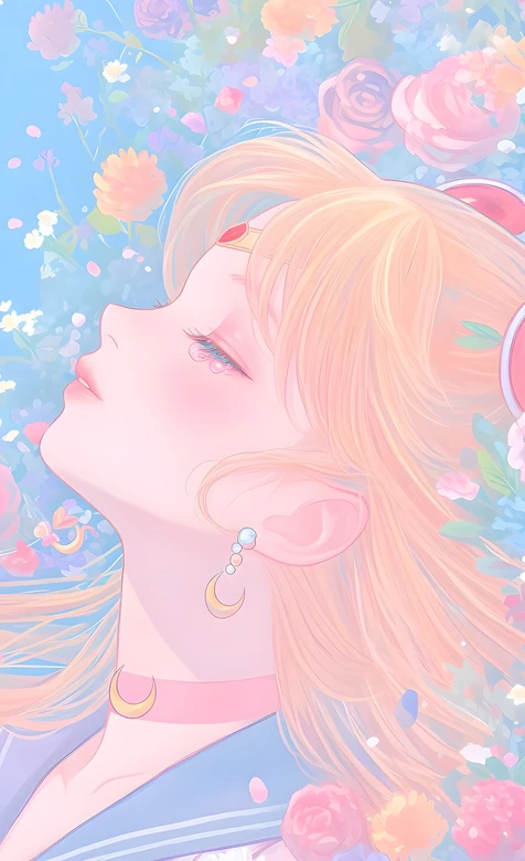 美少女战士月野兔 新月配饰花海躺卧 唯美梦幻手机壁纸