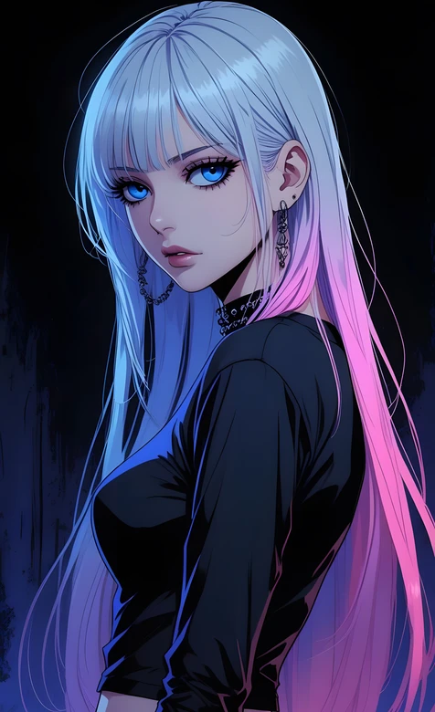 蓝粉渐变长发少女·暗黑二次元风 原创插画手机壁纸