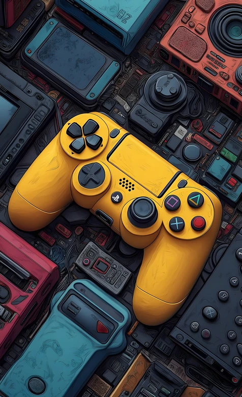 黄色索尼PS4手柄·复古手绘风游戏设备 怀旧电子风手机壁纸