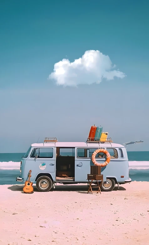 海滩复古巴士·清新治愈风 吉他行李箱海边旅行手机壁纸