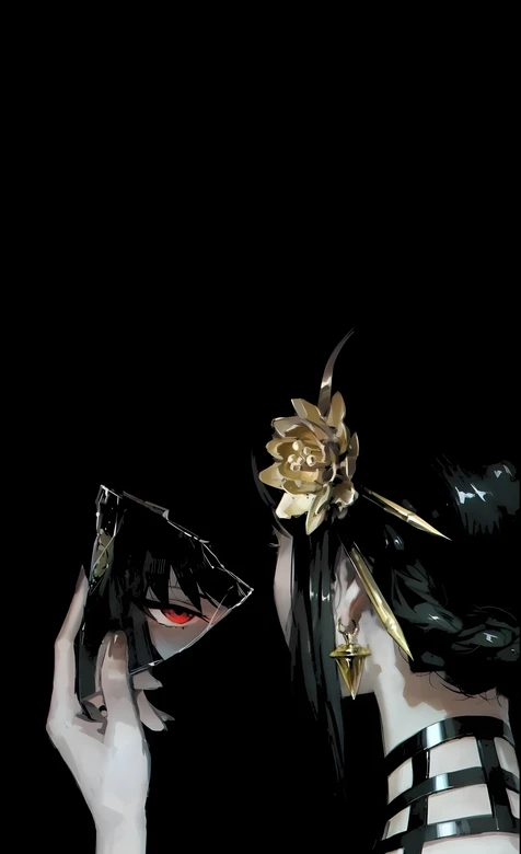 黑发红眼动漫角色·暗黑风 金饰碎镜 氛围感手机壁纸