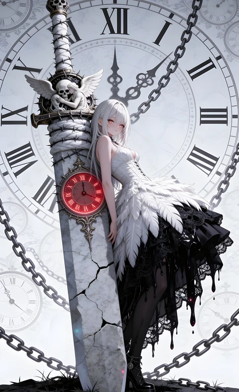 白发红瞳少女·暗黑哥特 大剑时钟二次元壁纸