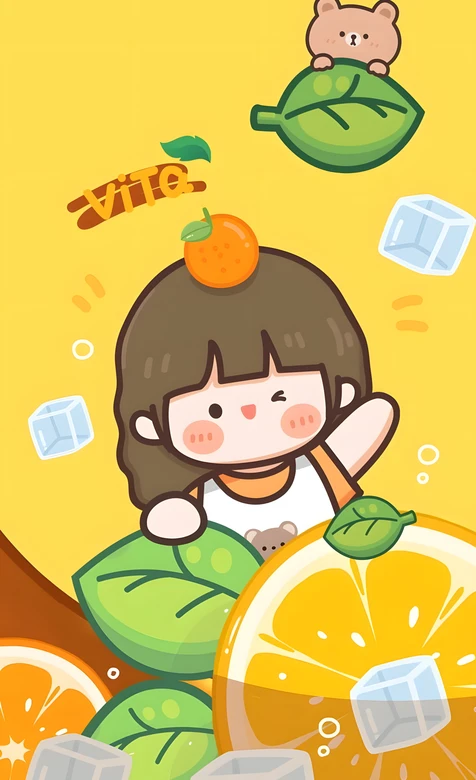 ViTo卡通女孩·橘子小熊冰块 夏日治愈手机壁纸