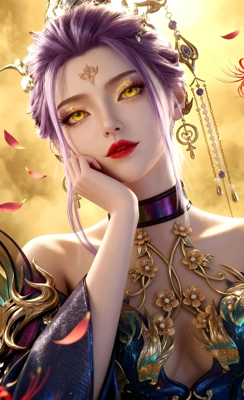 国风玄幻国漫人物紫发金眸华服女角色·精致建模壁纸 高人气角色设计