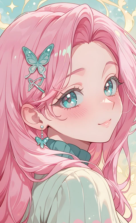 粉色长发美少女·蝴蝶饰唯美二次元高清手机壁纸（竖屏）